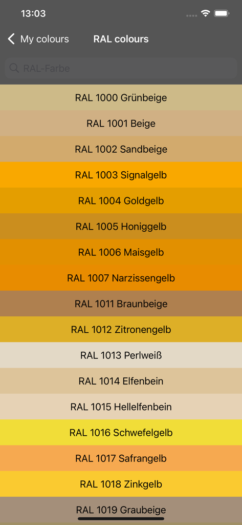 ColorPicker Plus - ColorPicker Plusで、コードと名前が付いたRAL工業用カラースタンダードのプロフェッショナルなリスト