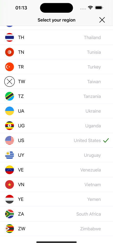 Region selection screen in the Player and Playlist for Youtube app showing a list of countries with the United States selected