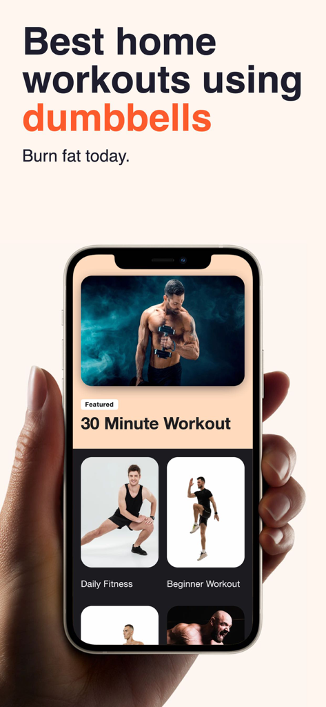 Dumbbell Home Workout Trainer - Smartphone screen showing dumbbell workout routines including a 30-minute featured program