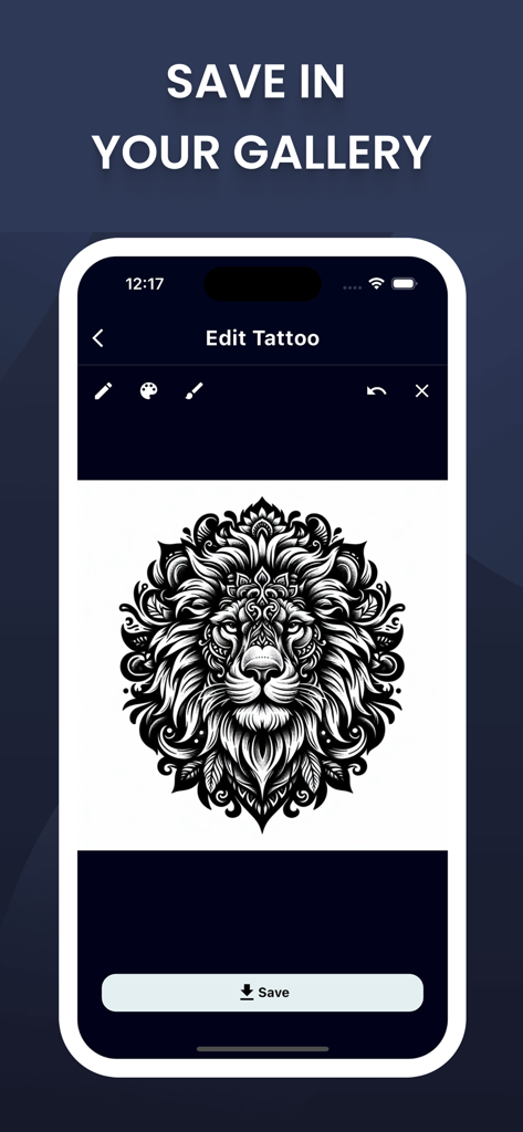 AI Tattoo Generator, Designs - A mobile app interface displaying a detailed black and white lion head tattoo design in a mandala style with an option to save to the gallery.