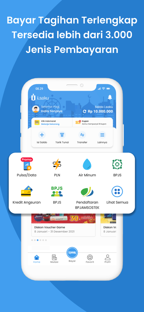 i.saku mobile app interface displaying Indonesian bill payment options including electricity water and social security