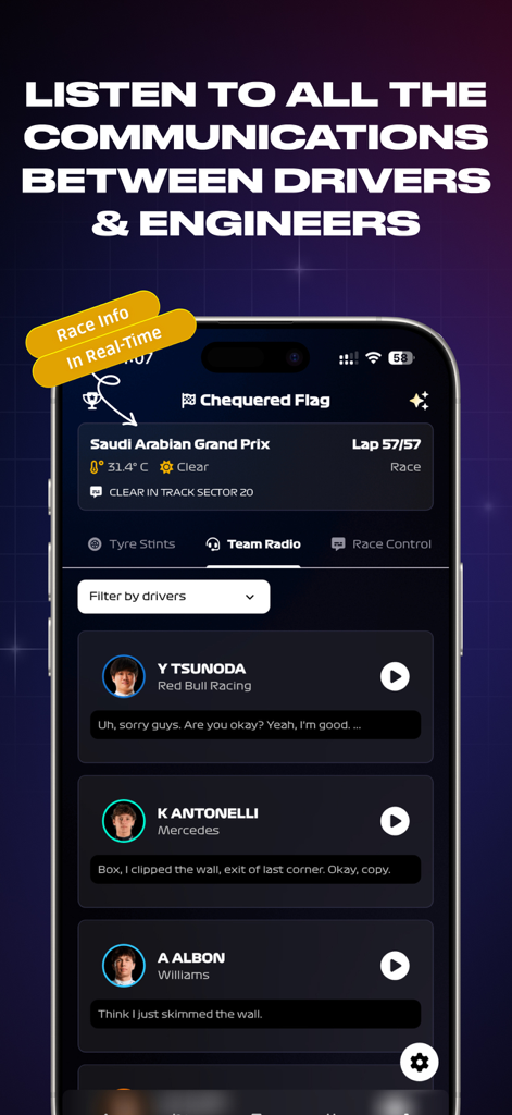 Formula Live Pulse - Team radio interface in the Formula Live Pulse app showing real time driver communications