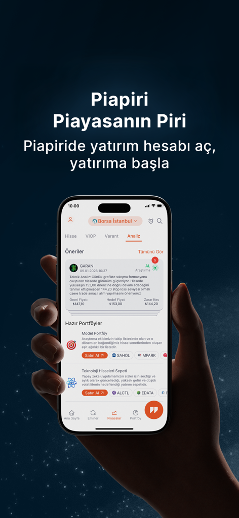 Piapiri Borsa Hisse Alım Satım - Piapiriアプリの画面、株価分析とすぐに使える投資ポートフォリオが表示されている