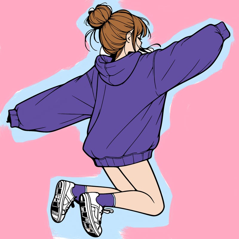 realistic girl jumping with a bun and oversized sweatshirt