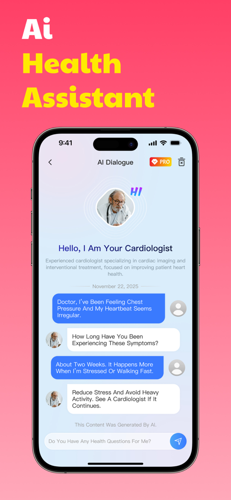iCardial AI Health Assistant interface showing a chat dialogue with a virtual cardiologist about heart symptoms.