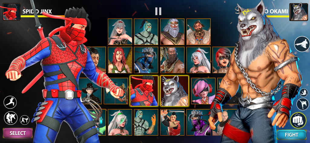 Ninja Games : Shadow Legends - menú de selección de personajes en juegos ninja leyendas de sombra con un ninja temático de araña y un guerrero lobo