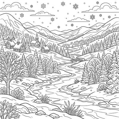Immerse yourself in the tranquility of winter with this enchanting river valley coloring page. Featuring a picturesque village nestled among snow-dusted trees and a meandering river, it promises a delightful artistic escape.