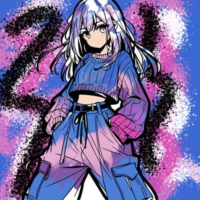 anime teen girl with baggy pants and crop top with sweater