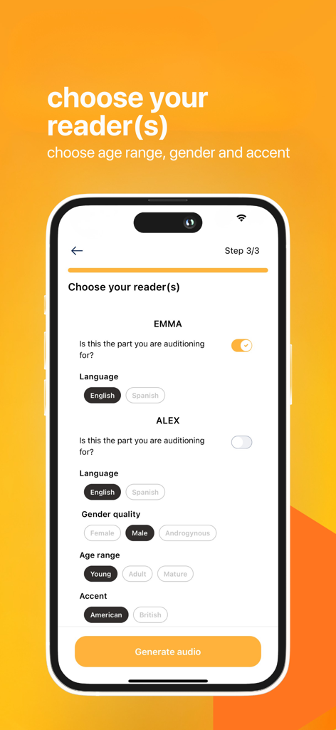 Screen from the Rafy app showing customization options for AI readers including gender quality age range and accent.