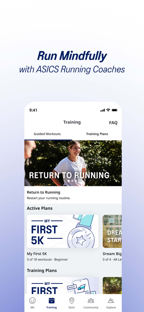 L'interface d'entraînement de l'application ASICS Runkeeper propose des séances d'entraînement guidées et des programmes de course.