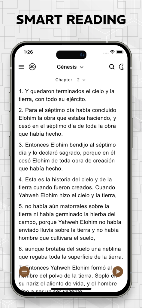 Biblia Israelita Nazarena, VIN - Biblia Israelita Nazarena smart reading screen showing Genesis text in Spanish