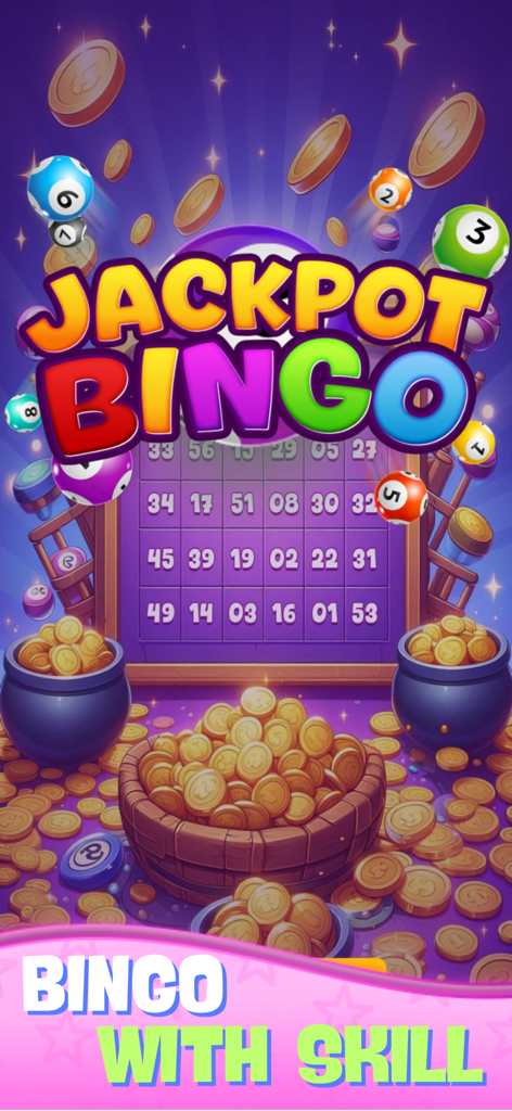 Pantalla del juego móvil Jackpot Bingo con bolas de bingo, una cuadrícula de números y ollas rebosantes de monedas de oro