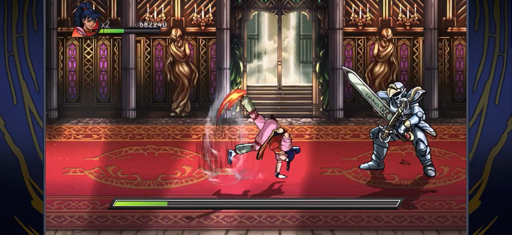 Night Slashers: Remake - A female character performs a dynamic kick attack against an armored knight enemy in Night Slashers Remake