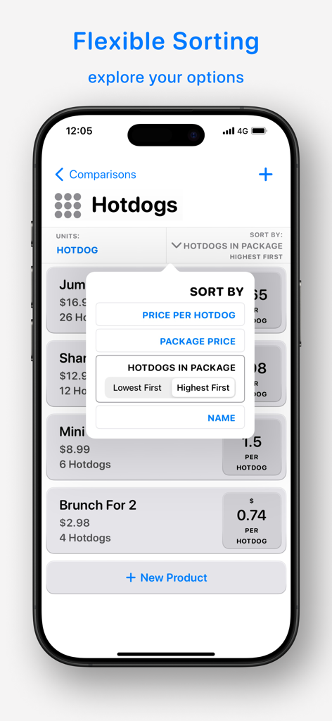 A mobile screen showing the sorting menu for comparing unit prices of grocery items.