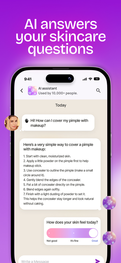 Glow Up & Skin Care AI: MAXX - MAXX app AI assistant answering a skincare question about covering pimples with makeup