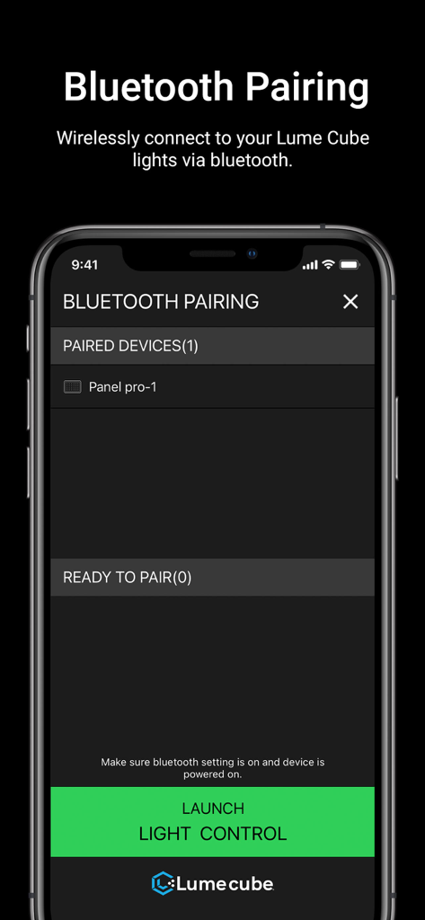 Lumecube - Pantalla de emparejamiento Bluetooth en la aplicación Lume Cube que muestra una luz Panel Pro emparejada y un botón de control de lanzamiento.