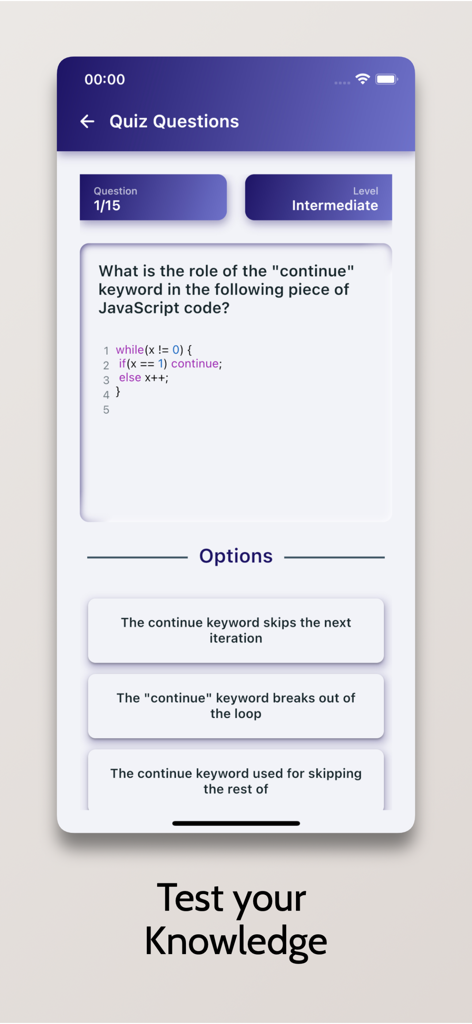 Learn JavaScript - OnePercent - JavaScript quiz interface showing a multiple choice question about the continue keyword