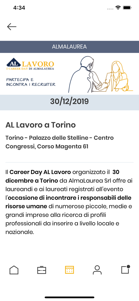 AlmaGo - AlmaGo app screen displaying details for a career day recruiting event in Turin with date and location information.