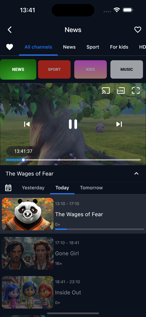 TMS player - Interface de TMS Player montrant une lecture vidéo et un guide électronique des programmes pour divers films