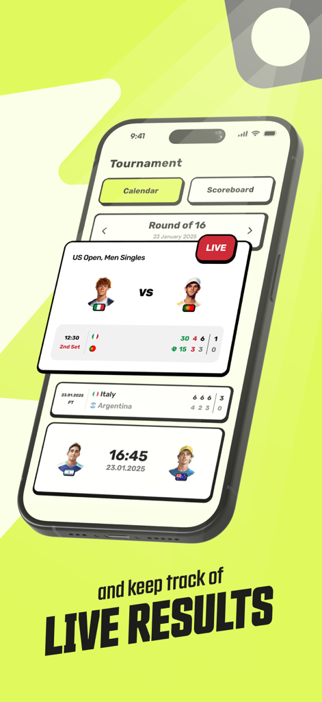Interface do aplicativo Ace Cream mostrando resultados de torneios de tênis ao vivo e placar de partidas