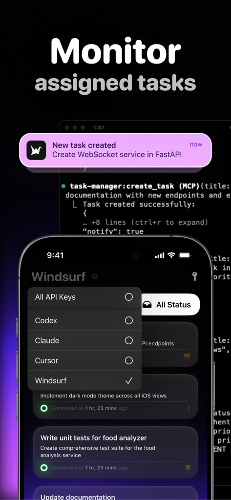 MCP Client - iPhone screen showing the MCP Client app with a notification for a newly created AI task and a list of development tasks.