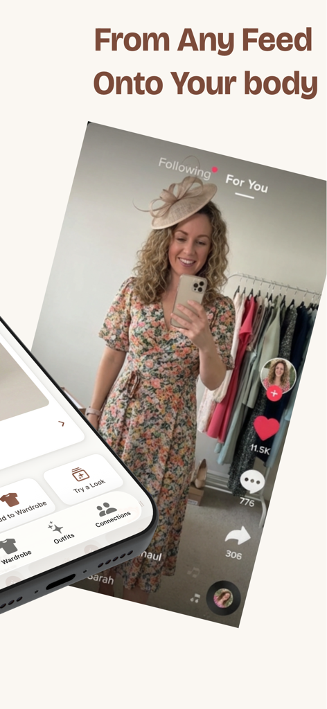 Adorna - Interfaz de un smartphone de la aplicación Adorna que muestra una función de prueba virtual de atuendos de un feed de redes sociales.