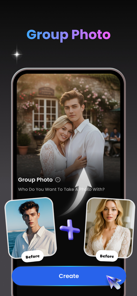 AI Video Generator & Photo AI - Interface showing an AI tool for creating a group photo by combining two separate individual portraits