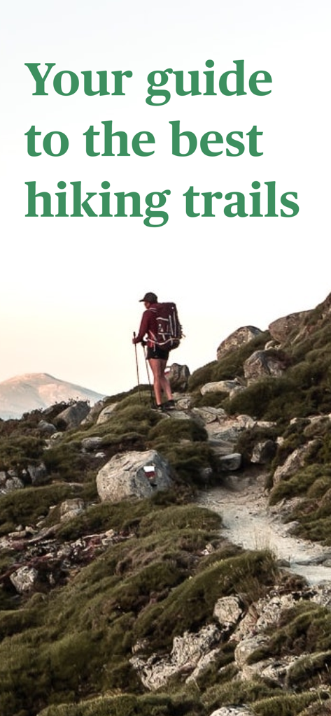 Hika - Hiking trails and maps - Un randonneur avec un sac à dos et des bâtons de randonnée escaladant un sentier rocheux avec le texte Votre guide des meilleurs sentiers de randonnée.