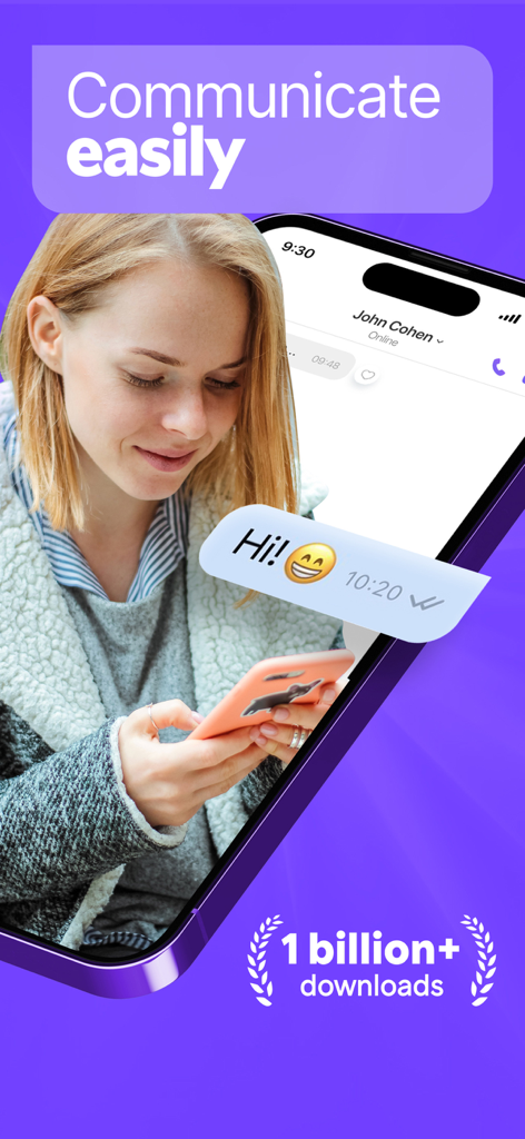 Eine Frau benutzt Rakuten Viber Messenger auf ihrem Handy mit dem Text "Einfach kommunizieren" und einem Badge "Mehr als eine Milliarde Downloads"