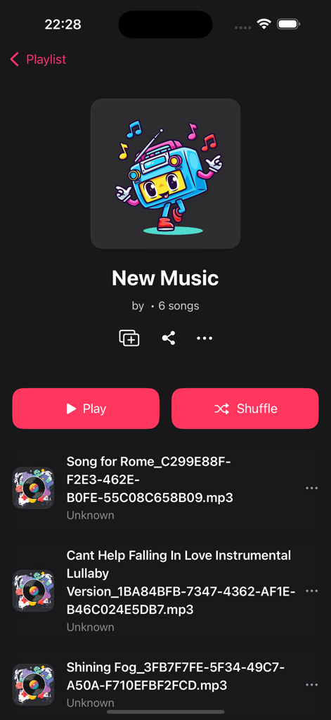 Screen of Music Player and MP3 DDMusic app showing the New Music playlist with MP3 files and playback options.