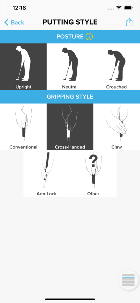 Interface of the iPING 2.0 app for selecting golfer posture and gripping style during a putter fitting session