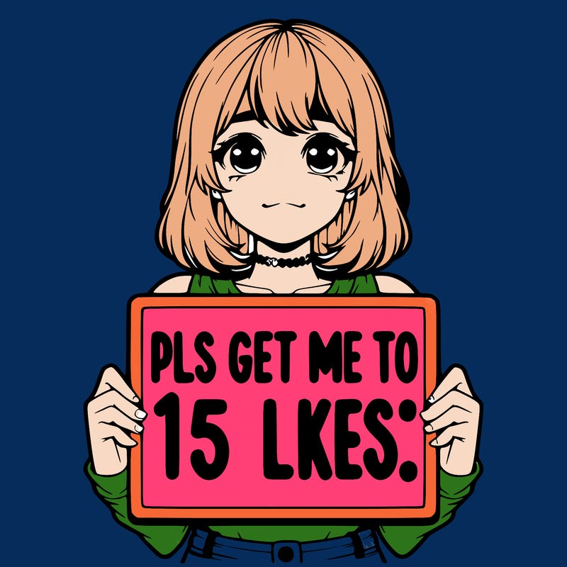 realistic girl holding up a sign that says “pls get me to 15 likes!”