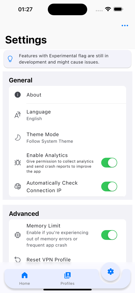 Tela de configurações do Hiddify Proxy e VPN exibindo opções de configuração geral e avançada