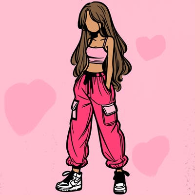 girl in baggy pants crop top and long hair