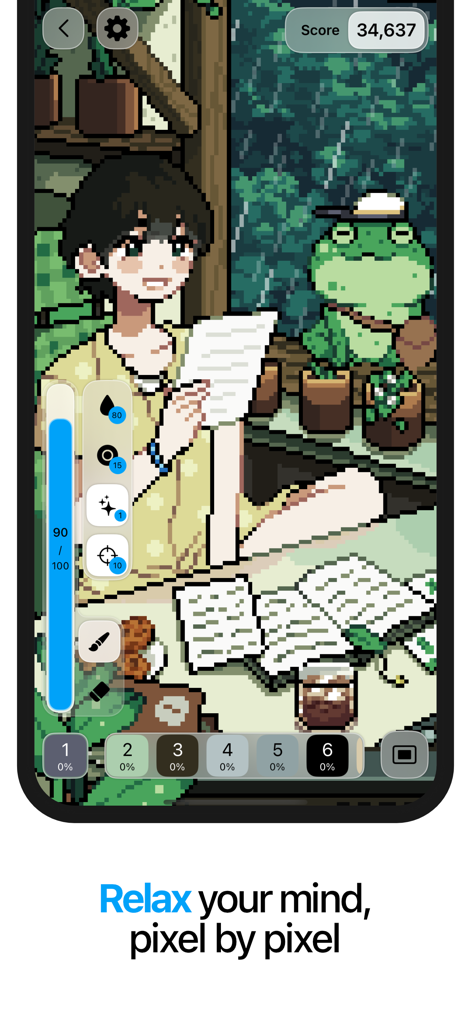A cozy pixel art illustration of a person and a frog being colored in the Pixquare app interface.