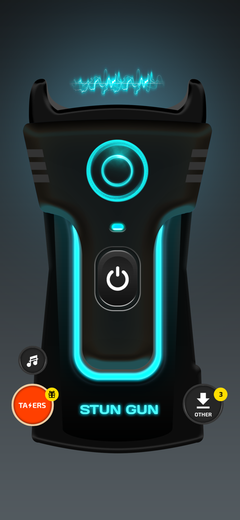 Virtual stun gun simulation with glowing neon blue lights and electrical sparks on screen