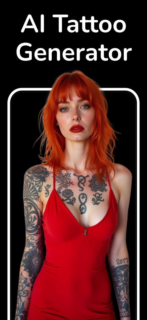 Tattoo AI - Design & Generator - Vista previa de la aplicación generadora de tatuajes AI con una mujer de cabello rojo y tatuajes artísticos en el pecho
