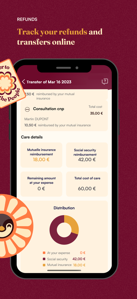 Écran de l'application SideCare affichant les détails des remboursements d'assurance santé et un graphique de répartition des coûts.