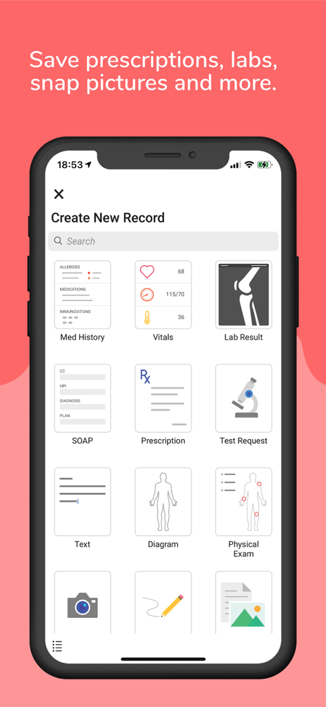 A smartphone screen from the SeriousMD Doctors app showing icons for creating medical records like vitals and prescriptions.
