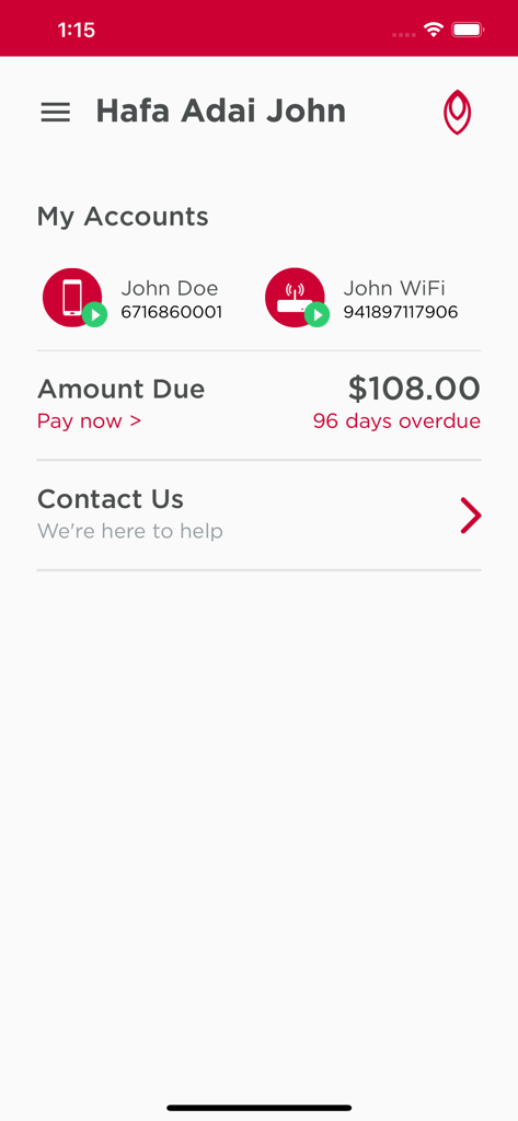 My DOCOMO PACIFIC app dashboard showing account balances and amount due