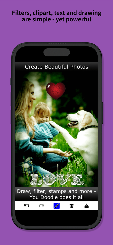 Schermata dell'app You Doodle Pro che mostra una foto modificata con testo e clipart a forma di cuore