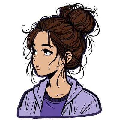 realistic teenage girl with a messy bun