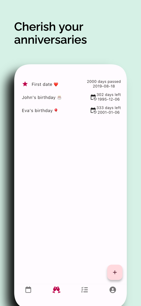 Pantalla de la aplicación Duet para parejas que muestra una lista de aniversarios y cumpleaños con cuentas regresivas y días transcurridos