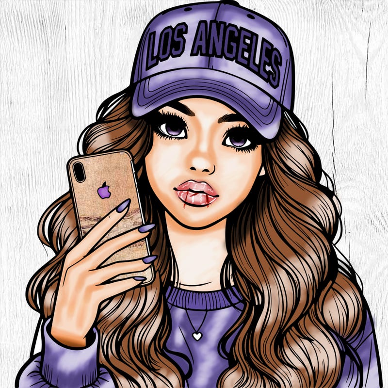realistic beautiful girl wearing los ángeles cap holding an iphone