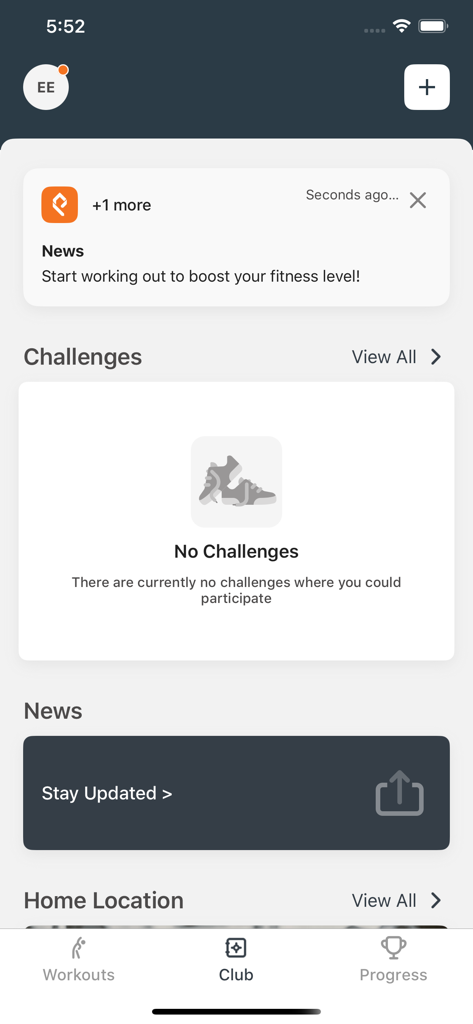 Places Fitness - Places Fitness app club dashboard showing sections for news and gym challenges
