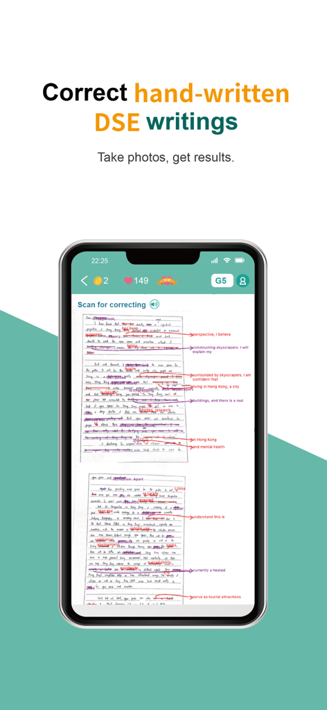 TutorJolly AI English Tutor - TutorJolly AI essay grading feature showing automated corrections on a handwritten English essay