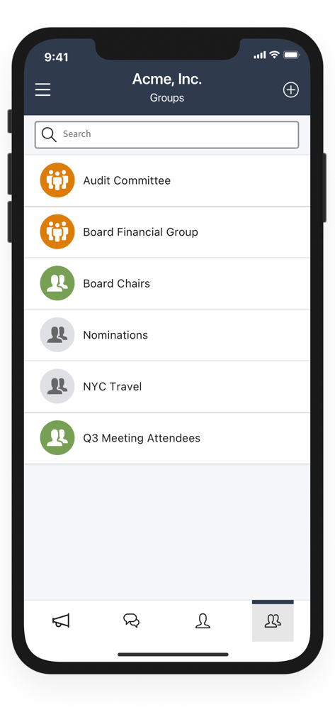 Diligent Messenger interface displaying board committees and secure group chats