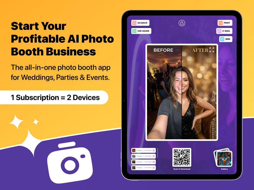 AI Photo Booth Pro: Event App - iPad showing the AI Photo Booth Pro app interface with a before and after photo transformation