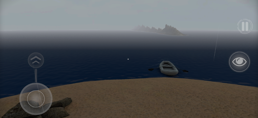 An inflatable boat on a vast dark ocean near a sandy shore in the Level 7 Thalassophobia game
