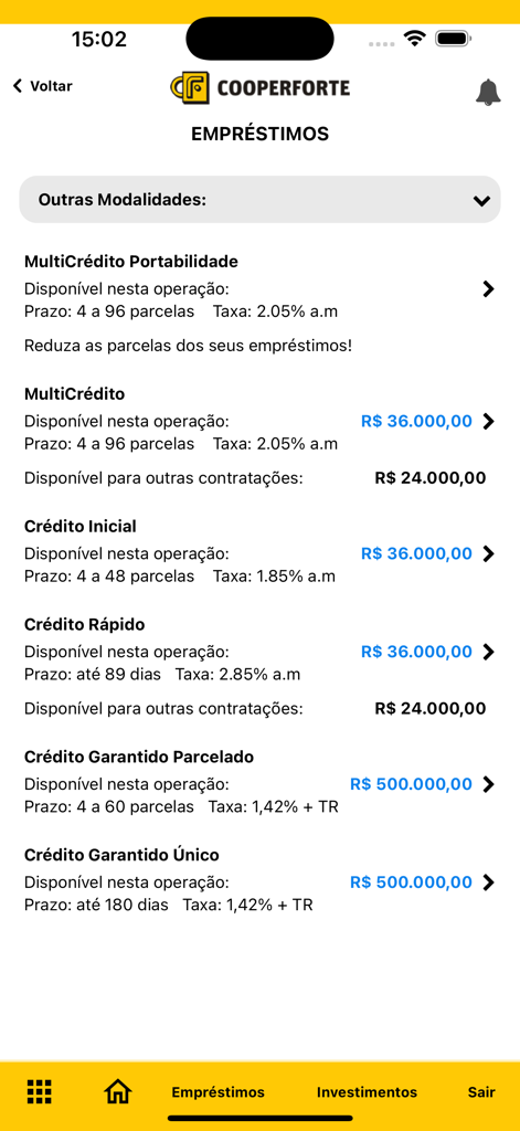 쿠퍼포르테 회원에게 제공되는 다양한 대출 옵션 및 신용 한도를 보여주는 모바일 앱 화면